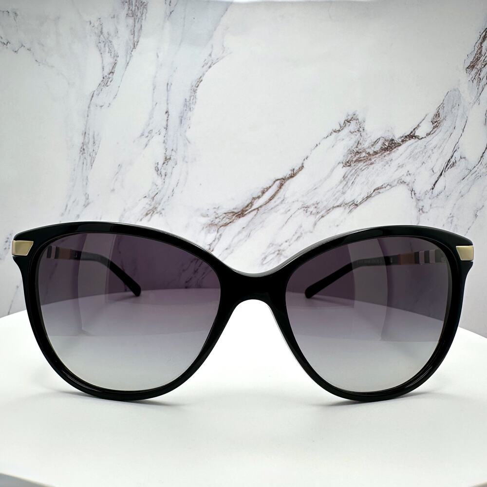 New Burberry Sunglasses Black Cat Eye Check Arms Gold Hardware Womens BURBERRY - Picture 2 of 16